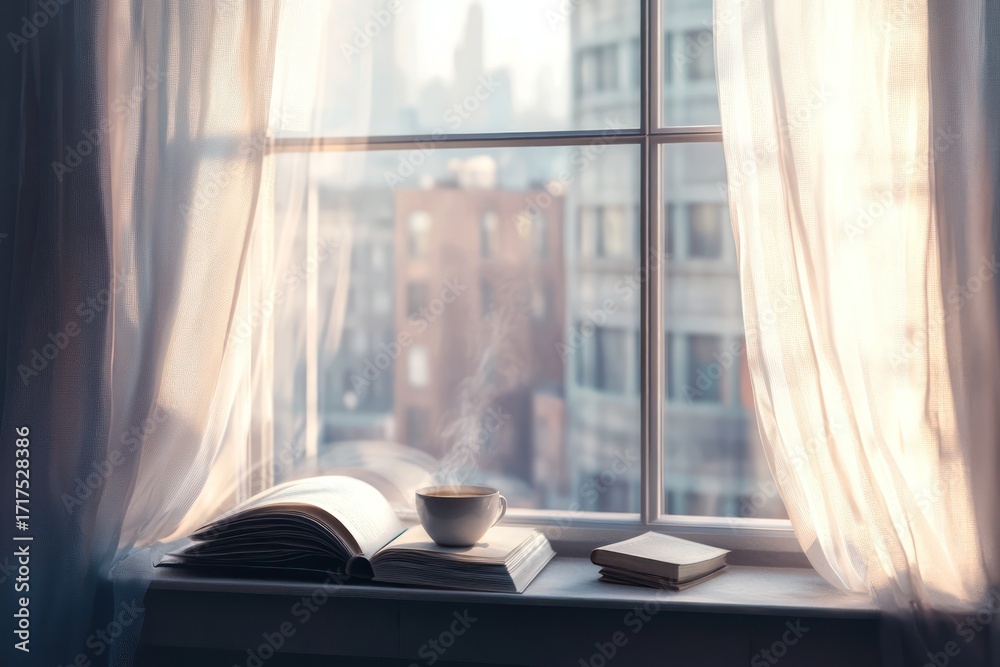 Fototapeta premium Window with sheer curtains and coffee on sill