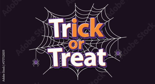 A festive Halloween graphic with 'Trick or Treat' text on a spiderweb with two purple spiders against a dark background.