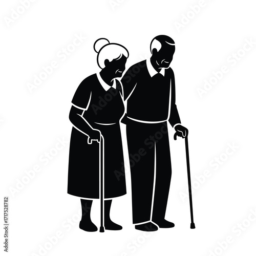 An elderly couple standing closely together both utilizing walking sticks