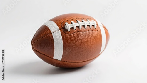 A brown American football with white laces and stripes, isolated on a white background