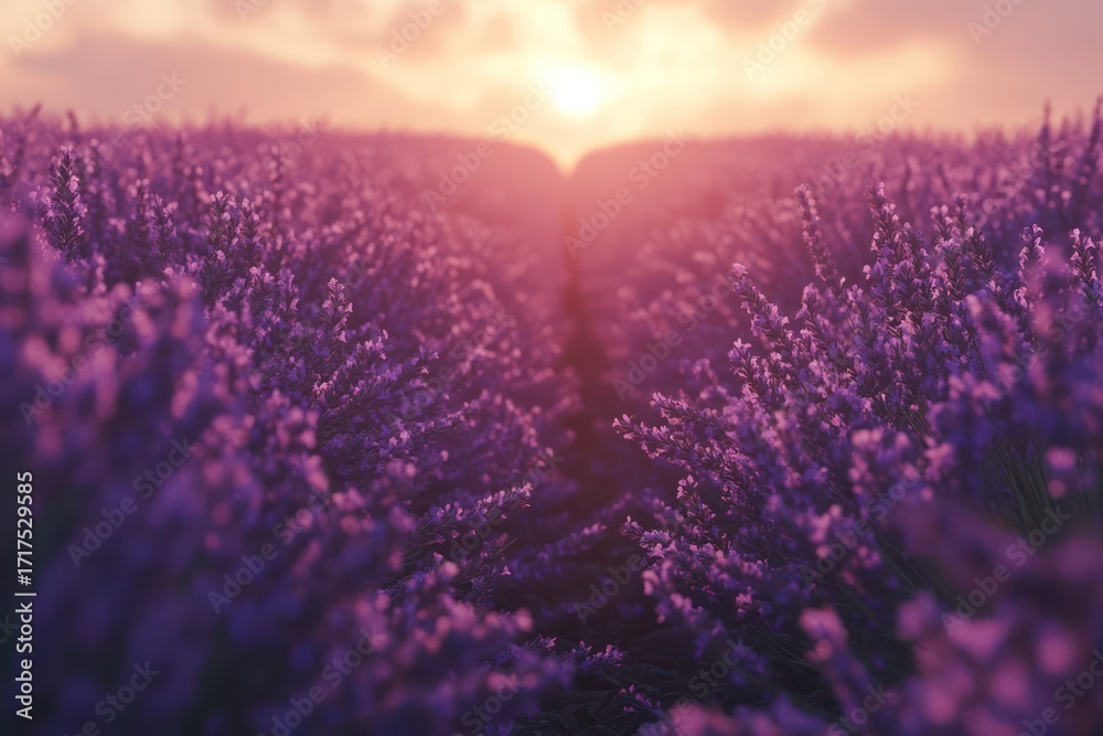 Naklejka premium Lavender field at sunrise glowing in morning light
