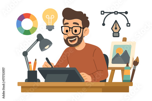 Graphic designer character working at his desk on a digital tablet. Creative illustrator concept. Vector art profession, freelance artist, drawing process with pen tool idea.