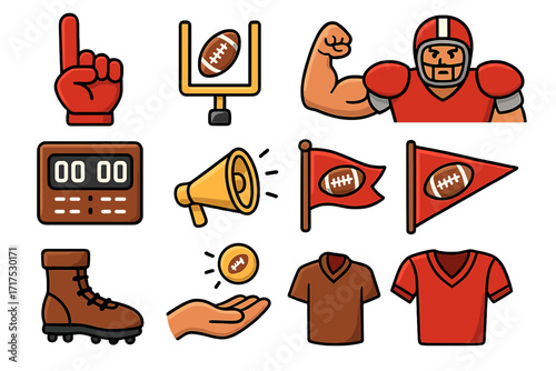 American football icons set part 2. Vector cartoon illustration of sport elements. Player, helmet, goalpost, scoreboard, foam finger, cleat, pennant, jersey, coin toss.