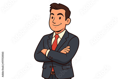 Confident businessman vector illustration. Young successful man in suit. Cartoon character. Professional manager with arms crossed. Concept for business, success, leadership, trust.