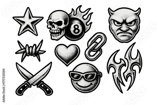 Y2K dotted halftone stickers set. Brutalism and neo-tribal gangsta street elements collection. Retro 90s 2000s tattoo flash design with skull, devil, 8 ball, and emoji.
