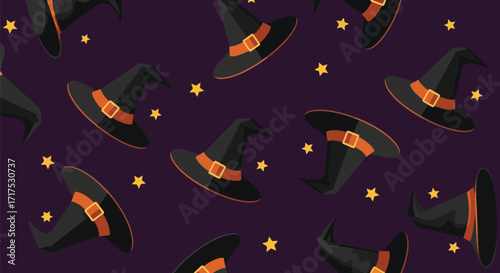 Seamless pattern of black witch hats with orange buckles and yellow stars on a dark purple background, perfect for Halloween.