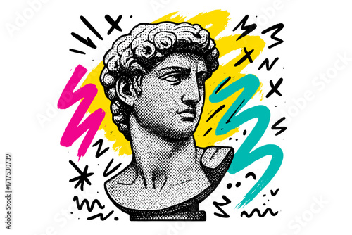 Retro pop art collage with antique statue bust. Vector illustration in 80s 90s street art style. Halftone sculpture with abstract graffiti strokes for t-shirt print, poster.