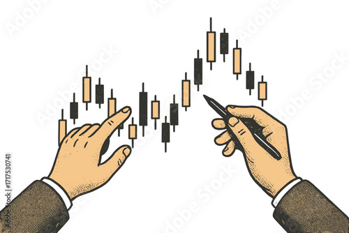 Vintage trading concept. Businessman hands analyzing a candlestick chart. Financial market analysis. Stock exchange, forex, crypto investment. Technical analysis graphic.