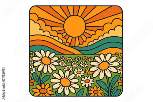 Retro groovy psychedelic landscape with sun and daisy flower field. 1970s good vibes square poster. Hippie flower power banner in 1960s vintage hand drawn art style.