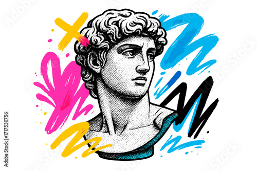 Pop art collage with classical Greek sculpture bust and abstract graffiti strokes. 90s retro style vector illustration. Modern street art concept for t-shirt print, poster.