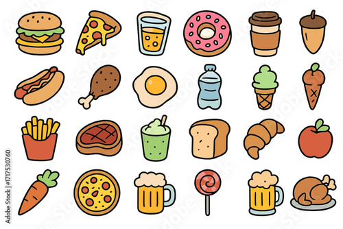 Big set of colorful food and drink doodle icons. Vector cartoon illustration collection with fast food, sweets, and meals. For restaurant menu, cafe, sticker, or web design.