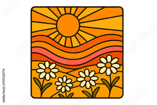 1970s good vibes poster with vibrant retro psychedelic landscape. Groovy hippie illustration with daisy flowers, fields, and sun. Flower power banner in 1960s vintage style.