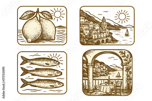 Amalfi coast Italy travel poster set. Vintage hand drawn line art illustrations. Summer vacation icons with lemon fruit, fish, sea landscape, and restaurant for decor or menu.