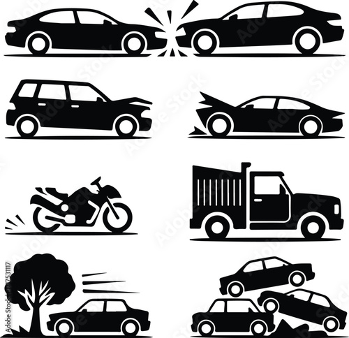 Car Crash Icon Silhouette Set Vehicle Accident Silhouette Icon Collection