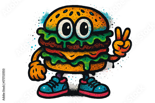 Burger character in urban graffiti style. Junk food colorful mascot with round eyes in street art aesthetic. Y2k textured hand drawn vector cartoon illustration for print.