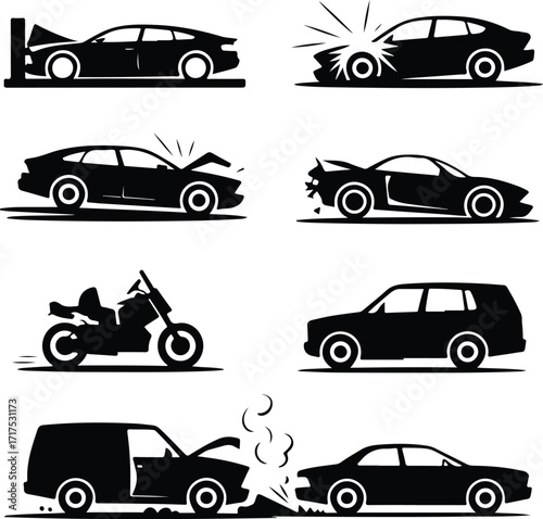 Car Crash Icon Silhouette Set Vehicle Accident Silhouette Icon Collection