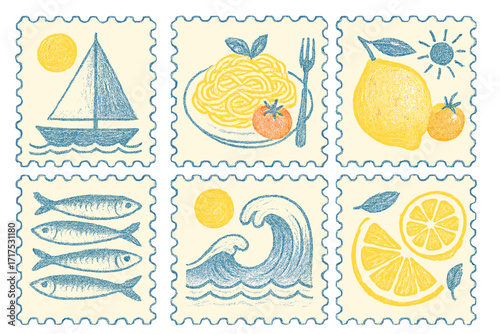 Summer postal stamps set. Hand drawn vintage illustration. Mediterranean vacation concept with sailboat, Italian pasta, lemon, sardines, and sea wave. Naive retro vector icons.