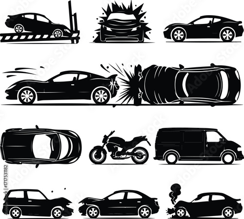 Car Crash Icon Silhouette Set Vehicle Accident Silhouette Icon Collection