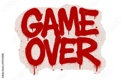 Game over graffiti text in red spray paint. Urban street art style lettering with drips. Grunge message for gaming, video games. Concept of ending, failure, loss or final level.