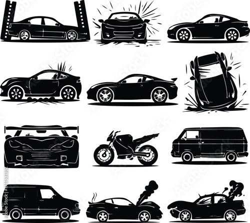 Car Crash Icon Silhouette Set Vehicle Accident Silhouette Icon Collection