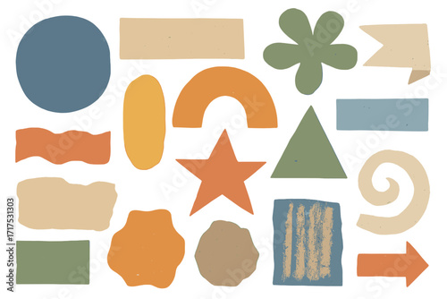 Collage paper elements set. Diverse shapes, colors and textures. Trendy vintage hand drawn vector illustration for scrapbooking. Abstract geometric and organic forms isolated.