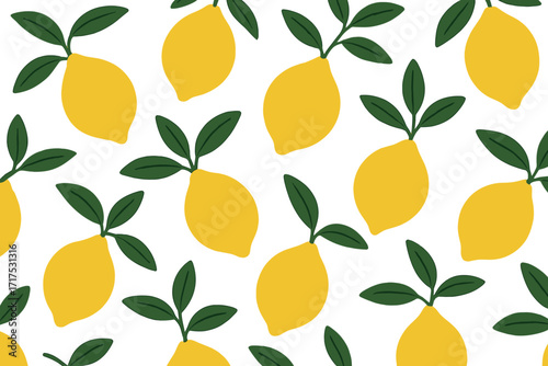 Lemon seamless pattern vector. Abstract citrus fruit with leaves background. Endless texture for wallpaper, textile, fabric, paper. Fresh summer food illustration on white background.