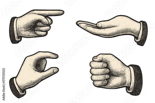 Vintage hands gesture set. Retro engraved style vector illustration with pointing finger, cupped palm, fist, and pinching sign. Halftone collage design elements isolated.