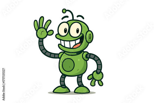 Funny green robot waving. Cute cartoon android character mascot smiling. Happy bot for technology, future, AI, and science fiction concepts. Isolated vector illustration design.