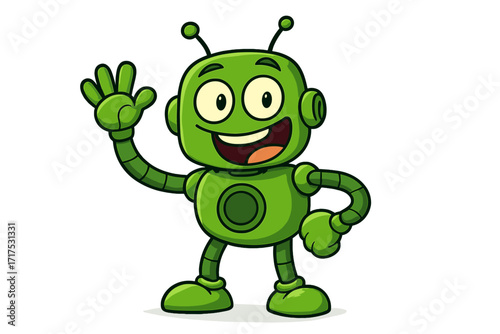 Green robot cartoon character waving. Cute and friendly android mascot smiling. Vector illustration for technology, artificial intelligence, science and future concepts. Happy bot.