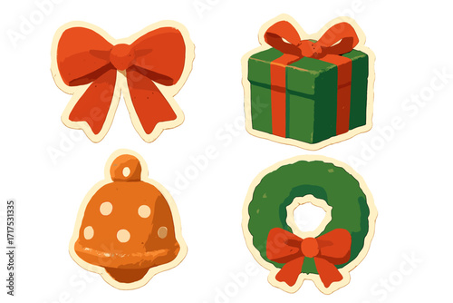 Christmas sticker set in vintage paper collage style. Vector holiday icons with bow, gift box, jingle bell, and wreath. Retro handcrafted cutouts for festive decoration.