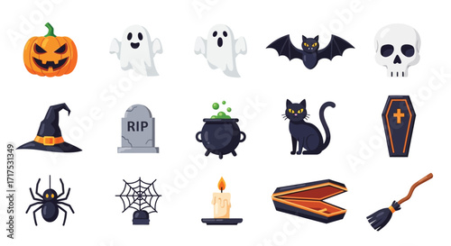 A collection of classic Halloween icons including a pumpkin, ghosts, bat, skull, witch hat, tombstone, cauldron, black cat, coffin, spider, spider web, candle, and broomstick.