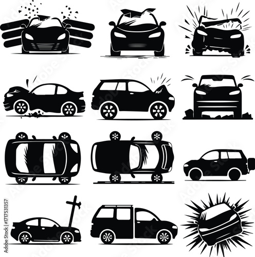 Car Crash Icon Silhouette Set Vehicle Accident Silhouette Icon Collection