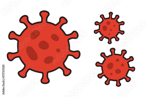 Monkeypox virus cell icon vector illustration. Mpox disease infection concept. Red bacteria microbe cartoon symbol. Covid-19 coronavirus danger sign. Pandemic flu pathogen.