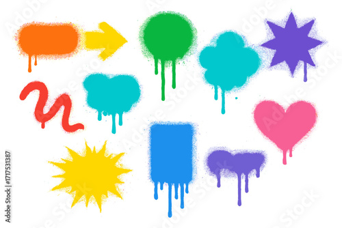 Colorful stencil urban graffiti spray paint set. Vector sprayed shapes with smudges and drops. Grunge graffiti template with aerosol splashes, street art design elements.