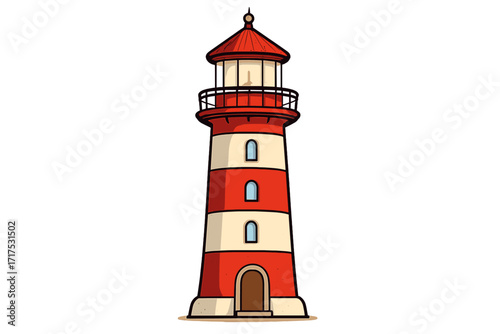 Lighthouse vector illustration. Cartoon red and white striped beacon. Nautical navigation building with light. Maritime safety, hope, and guidance concept. Coastal sea tower icon.