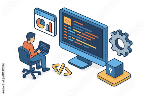 Isometric software development concept. Programmer at work with laptop and computer. Vector illustration of coding, data analysis, app development, and cybersecurity for technology.