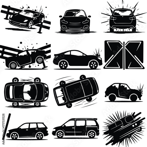 Car Crash Icon Silhouette Set Vehicle Accident Silhouette Icon Collection
