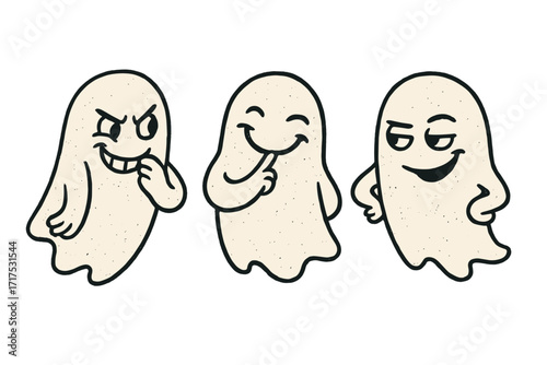 Three cute Halloween ghost friends with funny face expressions plotting a dirty trick. Hand drawn vintage magic characters for kids. Retro doodle style vector illustration.