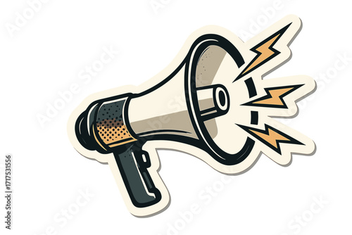Retro loudspeaker vector illustration for promotion and advertising. Megaphone sticker icon for announcement, alert or news. Vintage paper cut out collage element with sound.