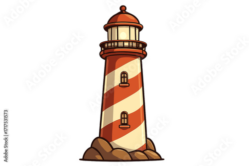 Lighthouse vector illustration. Cartoon beacon tower on rocks. Red and white striped marine navigation building for safety and guidance. Hope symbol by the sea or ocean coast.