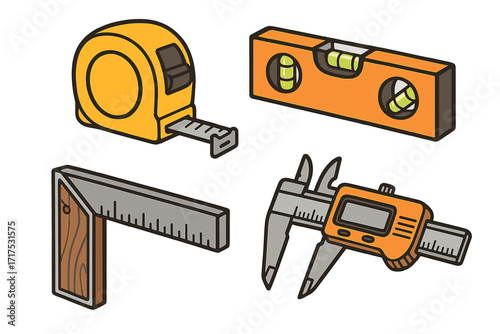 Hand-held measurement tools vector set. Tape measure, spirit level, try square, digital caliper. Carpentry, construction, and engineering equipment for precision work. DIY icon.