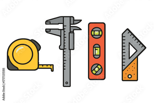 Hand-held measurement tools icon set. Tape measure, caliper, spirit level, and try square. Vector illustration for construction, engineering, carpentry, repair, DIY projects.