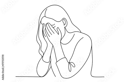 Continuous one line drawing of a crying woman covering her face. Sadness, depression, sorrow, grief concept. Unhappy female character in despair. Mental health linear vector.