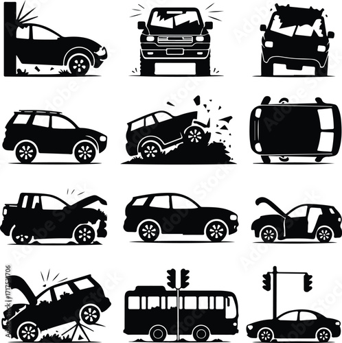 Car Crash Icon Silhouette Set Vehicle Accident Silhouette Icon Collection