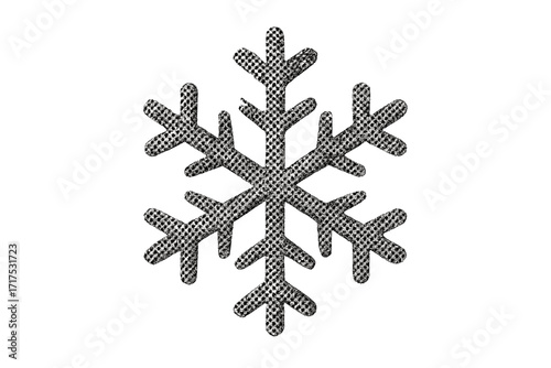 Dotted snowflake model isolated for design. Winter snow season concept with retro grunge halftone texture. Vintage magazine style collage element for Christmas or New Year.