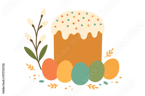 Easter cake, colored eggs and pussy willow. Traditional orthodox holiday food. Happy Easter concept for greeting card or banner. Flat hand drawn vector illustration.