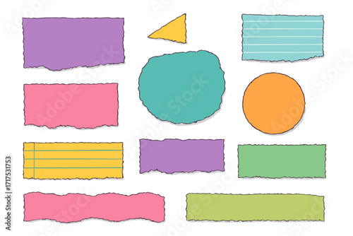 Collection of colorful torn paper scraps. Trendy collage elements in retro 90s colors. Abstract vector set of ripped paper from scrapbook and notepad for notes and messages.