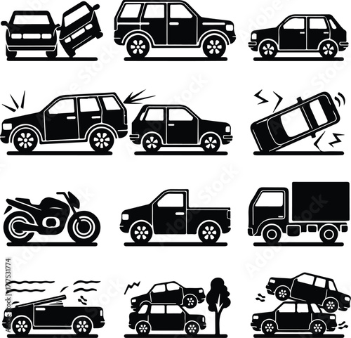 Car Crash Icon Silhouette Set Vehicle Accident Silhouette Icon Collection