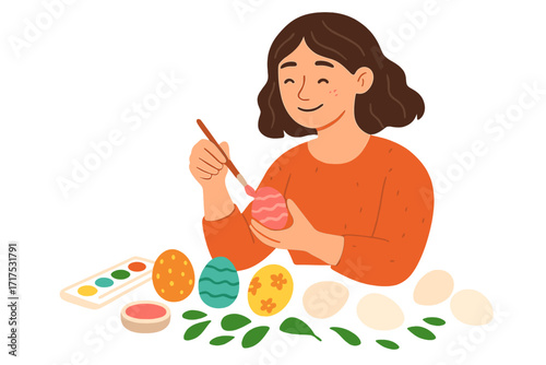 Happy woman painting Easter eggs with a paintbrush. Creative hobby and DIY craft activity for spring holiday preparation. Flat hand-drawn vector illustration character design.