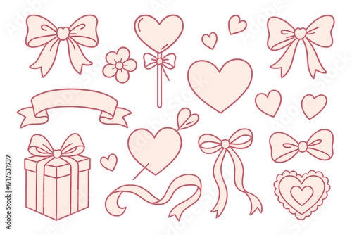 Coquette Valentine's Day clipart set. Cute y2k romantic girly aesthetic stickers. Vintage elements with bows, pink ribbons, hearts, and gifts. Contour linear hand drawn vector.